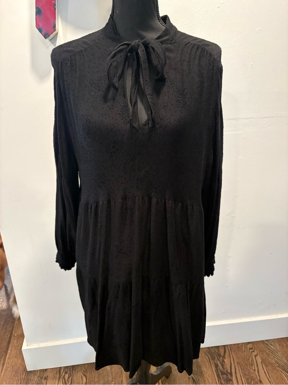 Zara Black Tie-Neck Long Sleeve Tiered Dress